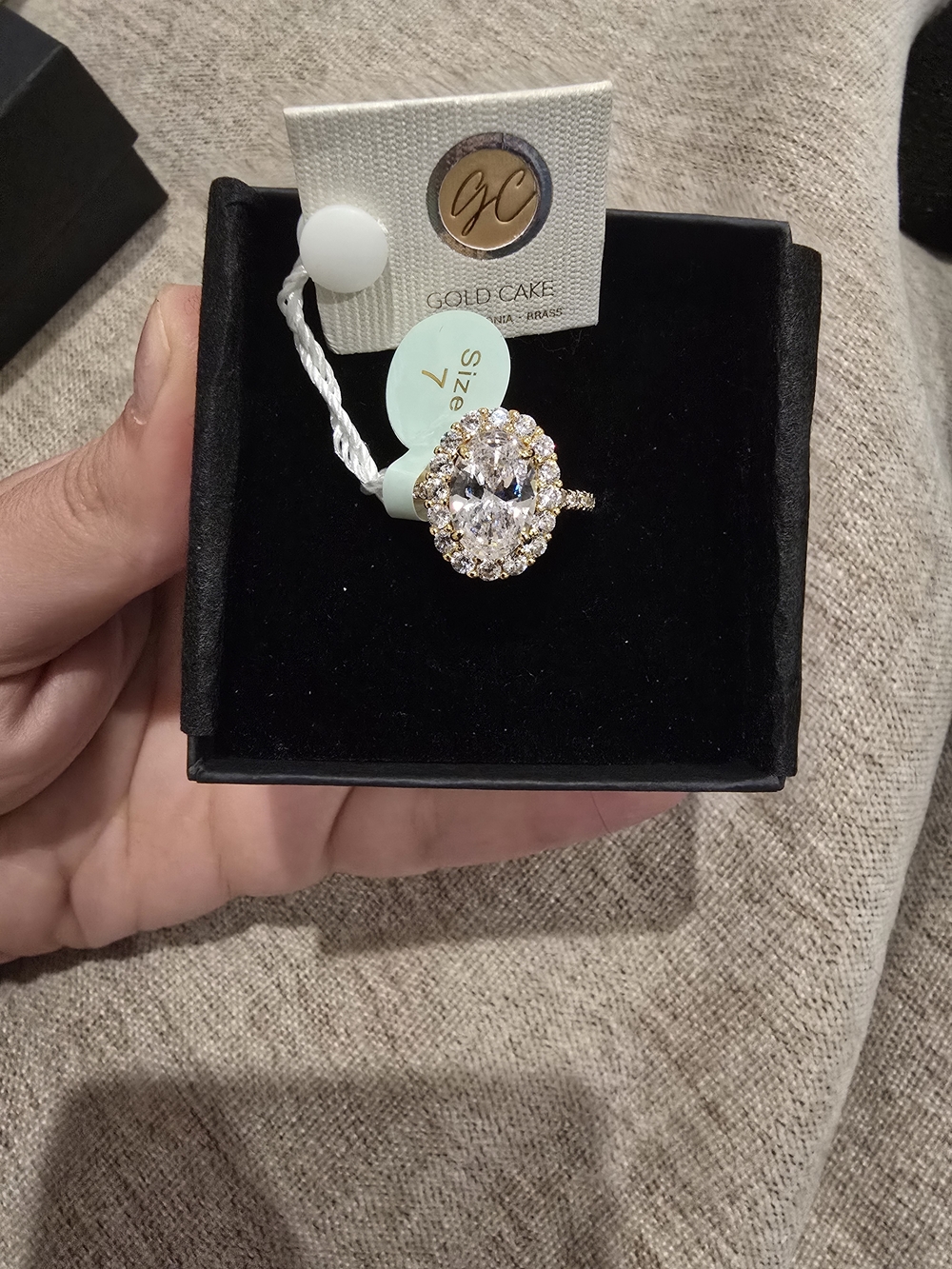 Women's Gold Oval Halo Ring with Clear Gemstone - Size 7